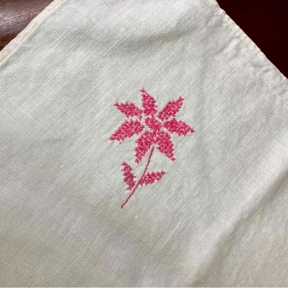 Handmade Linen Cross Stitch Raspberry and Pink Floral Tablecloth - Picture 3 of 6